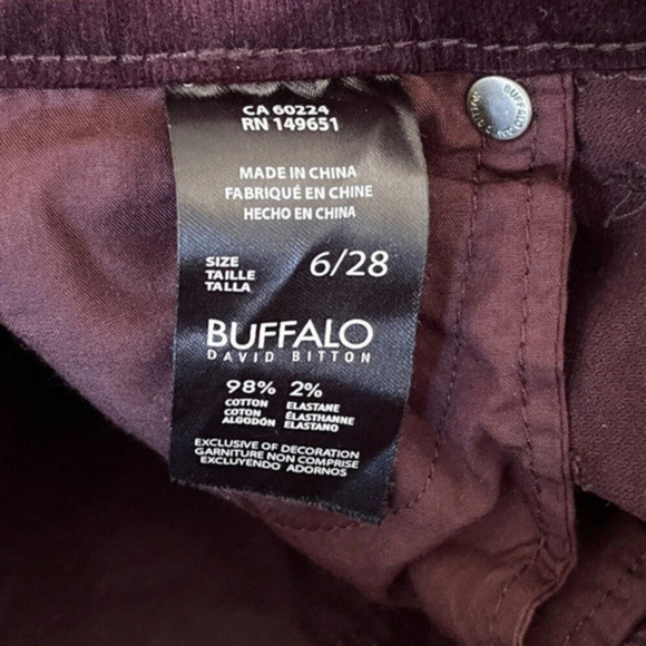Buffalo David Bitton Jeans Womens Burgundy 6/28 Micro Cord Mid-Rise‎ Slim Sculpt - Picture 11 of 12